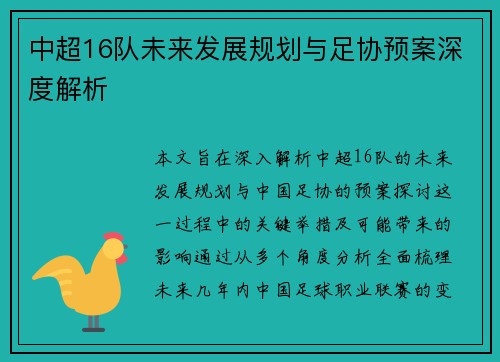 中超16队未来发展规划与足协预案深度解析
