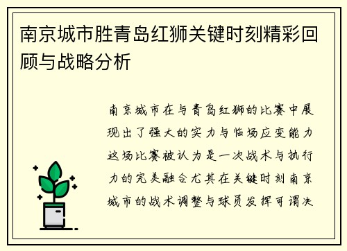 南京城市胜青岛红狮关键时刻精彩回顾与战略分析