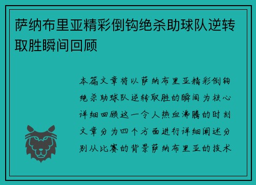 萨纳布里亚精彩倒钩绝杀助球队逆转取胜瞬间回顾 萨纳布里亚精彩倒钩绝杀助球队逆转取胜瞬间回顾