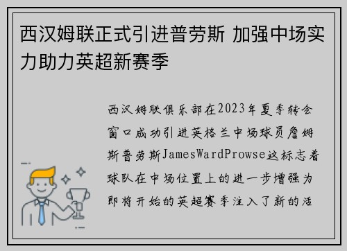 西汉姆联正式引进普劳斯 加强中场实力助力英超新赛季