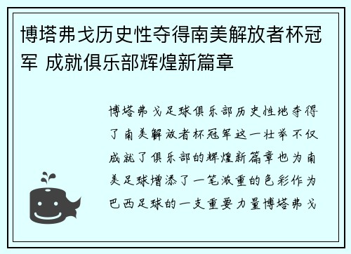 博塔弗戈历史性夺得南美解放者杯冠军 成就俱乐部辉煌新篇章